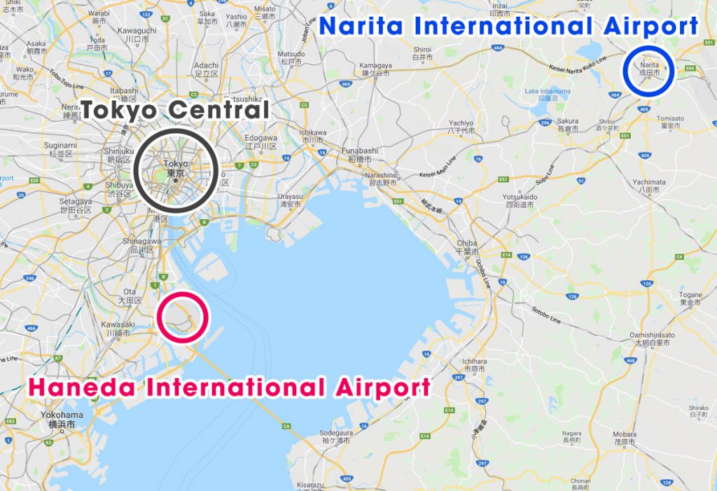 Locations of Narita and Haneda International Airport